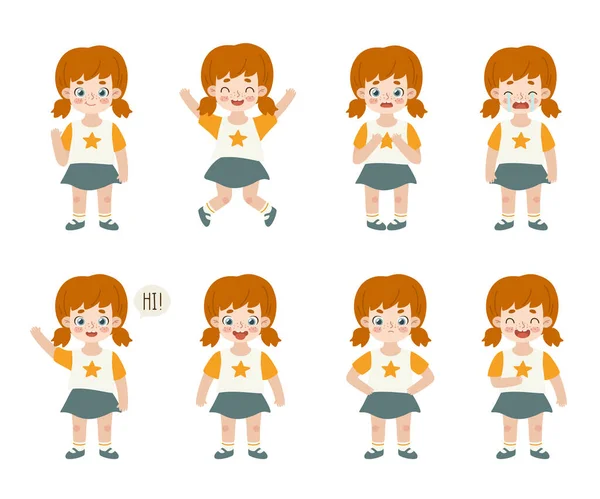 Set Little Cartoon Girl Expressions Bundle Character Emotions Cute Little — Stock Vector