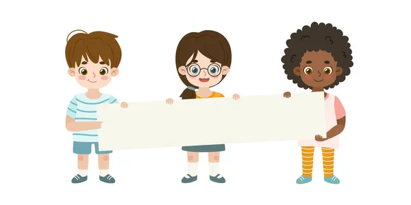 Crianças Amigáveis Segurando Banner Longo Vazio Juntos Crianças Dos Desenhos —  Vetores de Stock