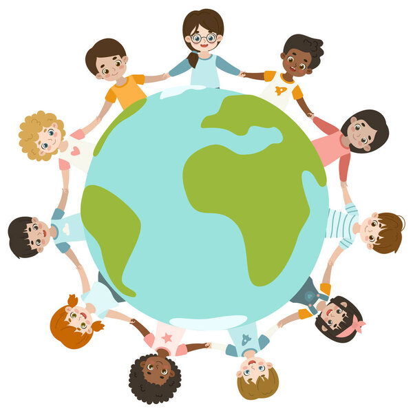 Разнообразные дети мира держатся за руки вокруг планеты Земля. Мультирасовые дети окружают мир.