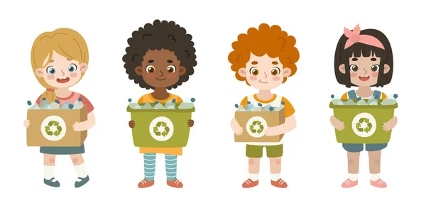 Zestaw Kreskówkowych Dzieci Zbierają Odpady Tworzyw Sztucznych Recyklingu Pakiet Słodkich — Wektor stockowy