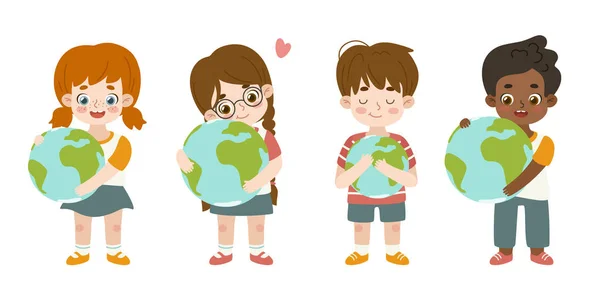 Conjunto Niños Abrazando Globo Terráqueo Paquete Niños Amistosos Sosteniendo Mundo — Vector de stock