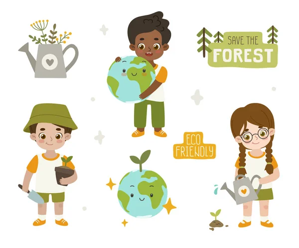 Zestaw Naklejek Ekologicznych Przyjaznymi Dziećmi Ziemią Zestaw Dzieci Dba Środowisko — Wektor stockowy