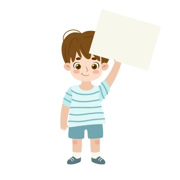 Дружелюбный Мальчик Пустым Знаменем Над Головой Чистый Бумажный Плакат — стоковый вектор