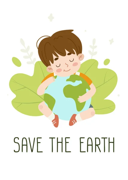 Little Boy Sitting Hugging Earth Poster Adorable Child Holding Planet — Stock Vector
