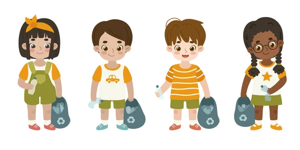 Zestaw Recyklingu Dzieci Plastikowymi Torbami Czyszczenia Sortowania Odpadów Wolontariuszki Zbierają — Wektor stockowy