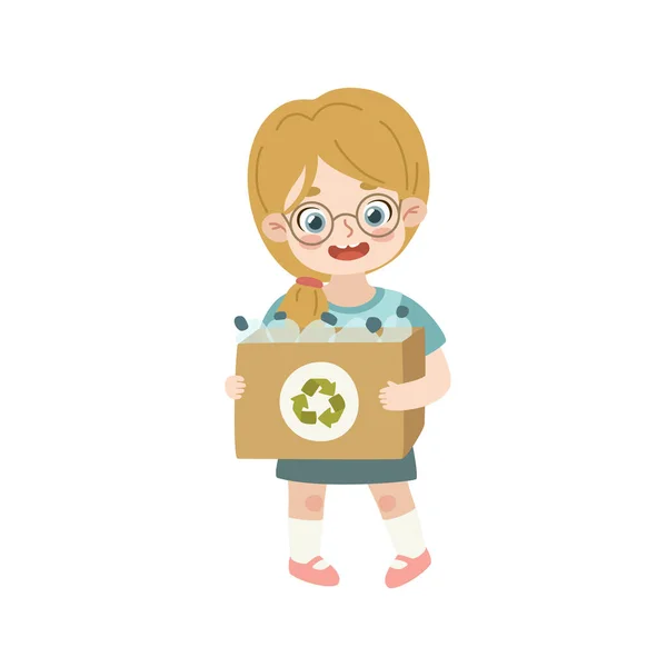Счастливая Девушка Картонной Коробкой Переработки Дружественный Контейнер Хранения Детей Пластиковыми — стоковый вектор