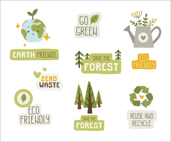 Set Eco Friendly Stickers Collection Ecology Badges Bundle Planet Earth — Stock Vector