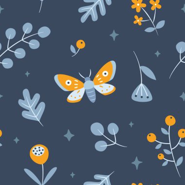 Akşam bitkileri ve kelebek deseni. Güveli, çiçekli, böğürtlenli, dallı koyu çiçek deseni. Sihirli gece dokusu.