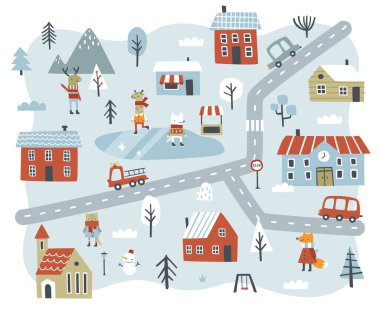 Yol, ev, araba, hayvan ve ağaçların olduğu soyut bir şehir haritası. Noel bebek baskısı Tilki, geyik, zürafa kurdu.