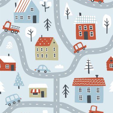 Kar, kış şehri haritası hortumlar, arabalar, yollar, ağaçlar. Noel sokağı kumaş, tekstil, ambalaj kağıdı, giysi, kreş için kusursuz baskı.