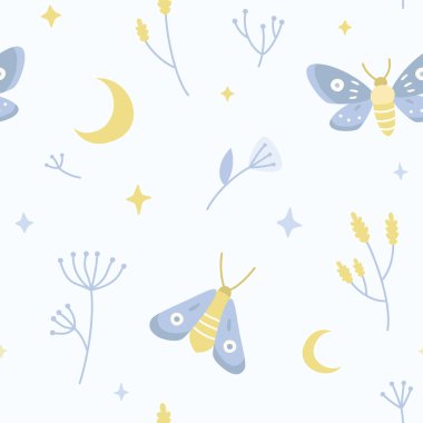 Güveli, çiçekli, sürülü, aylı akşam bahçesi deseni. Sihirli pastel bebek kumaş, tekstil, ambalaj kağıdı, giysi, kreş için kusursuz baskı..