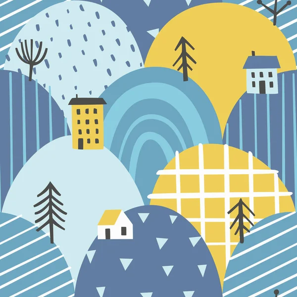 抽象的な丘の谷の冬の落書きパターン 家や木のある山の風景は 包装紙 アパレル 保育園のためのシームレスな印刷を赤ちゃん — ストックベクタ