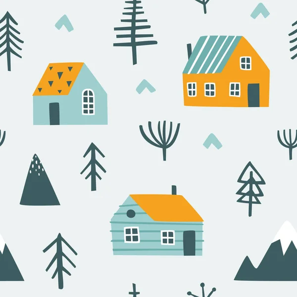Maisons Abstraites Scandinaves Arbres Motifs Montagneux Scribble Village Tissu Imprimé — Image vectorielle