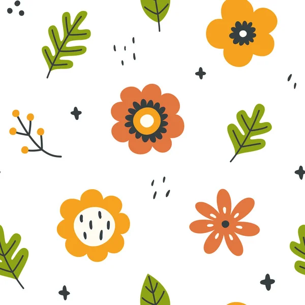 用叶子点缀抽象的花朵图案 纺织品 包装纸 苗圃用雕花婴儿期无缝印花 — 图库矢量图片