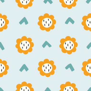 Soyut ayçiçeği şirin bebek desenleri çizer. Kumaş, tekstil, ambalaj kağıdı, giysi, kreş için tuhaf, parlak, dikişsiz vektör baskısı.