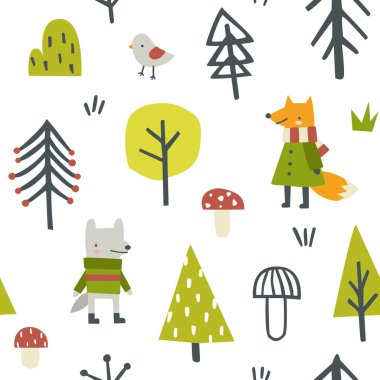 Orman hayvanları bebek kalıplarını çizer. Tilki ve kurt soyut orman baskısı kumaş, tekstil, giysi, ambalaj kağıdı, fidanlık.