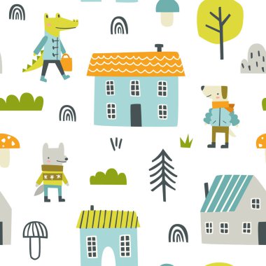 Hayvanların, evlerin, bitkilerin olduğu şirin bir karalama kasabası deseni. Tekstil, kumaş, giysi, ambalaj kağıdı, fidanlık için soyut vektör dikişsiz baskısı.