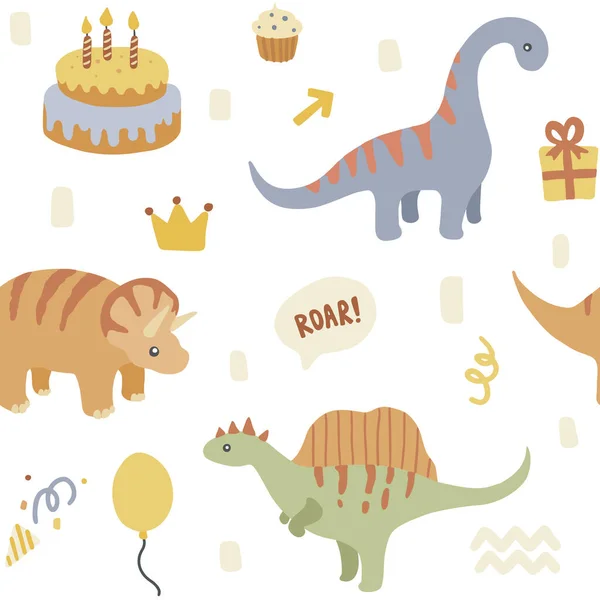 Happy Dino Birthday Party Pattern Nahtloser Druck Für Stoff Textilien — Stockvektor