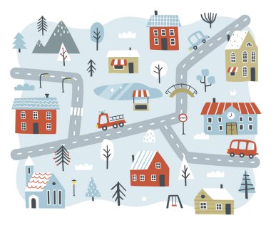 Kış karalama şehri bebek halısı. Çocuk yuvası baskısı evler, arabalar, yollar, dağ, ağaçlar, itfaiye motoru, okul, kilise, tren yolu, göl.