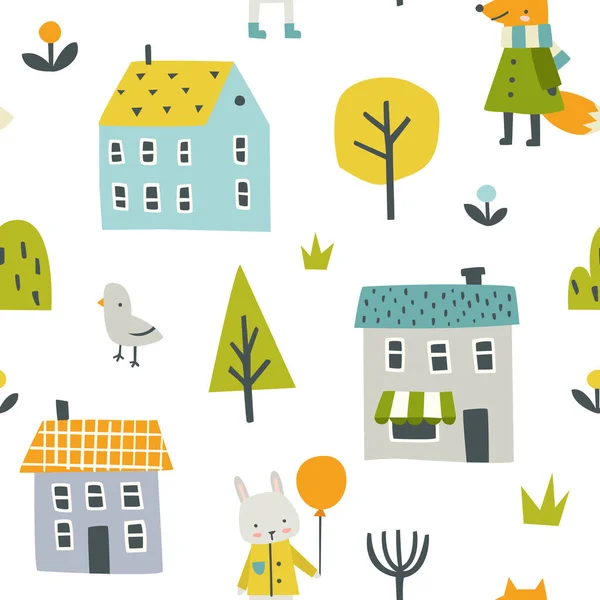 Cute Doodle City Pattern Animals Houses Plants Abstract Vector Seamless — ストックベクタ