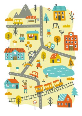 Vertical city map print for nursery carpet. Little autumn town with cars, roads, animals, houses, plants, railway, lake, hospital.