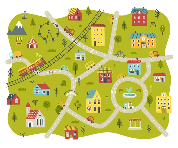 Doodle City Baby Map Carpet Childish Nursery Town Print Houses — Vector de stock