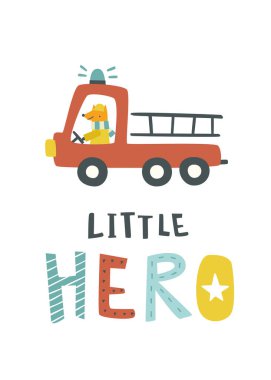 Fire engine car with fox fireman. Firefighter animal in red auto. Doodle abstract baby print with text for nursery poster.