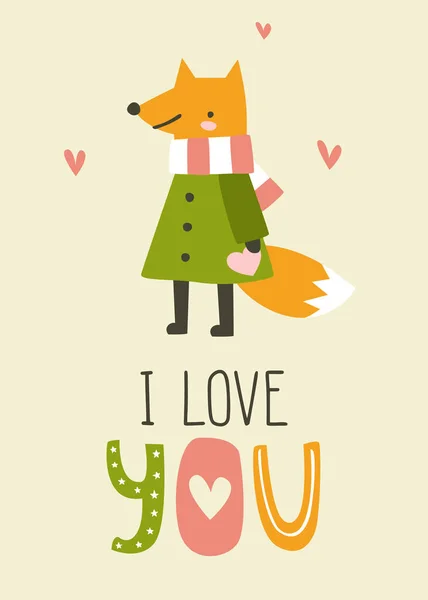 Valentine Card Doodle Cute Dressed Fox Text Print Cartoon Animal — Stock Vector