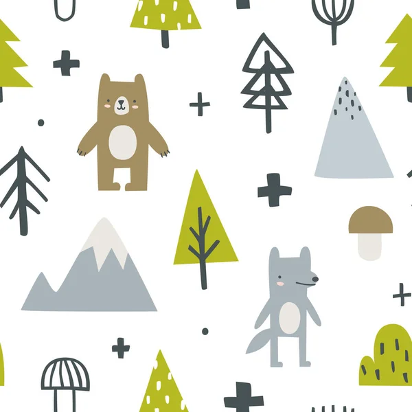 Scandinavian Baby Pattern Forest Animals Scribble Abstract Seamless Print Bare — ストックベクタ