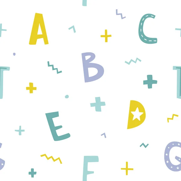 Cute Abstract Letters Pattern Doodle Seamless Print Alphabet Geometric Shapes — стоковый вектор