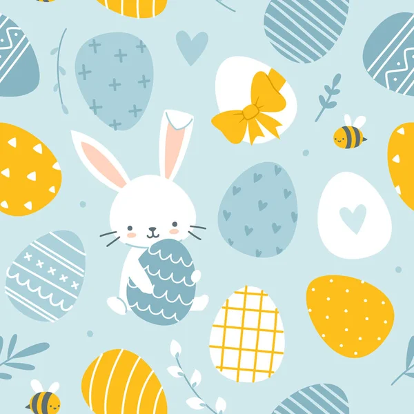 Easter Bunny Painted Eggs Cute Pattern Blue Yellow Seamless Baby — Stockvektor