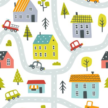 Sevimli çizgi film şehir haritası kusursuz desen. Tekstil, kumaş, giyim, duvar kağıdı, çocuk odası için Doodle Town bebek vektör baskısı.