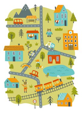 Çocuk halısı için çizgi film küçük kasaba haritası baskısı. Hayvanlı, evli ve arabalı bebek posteri.