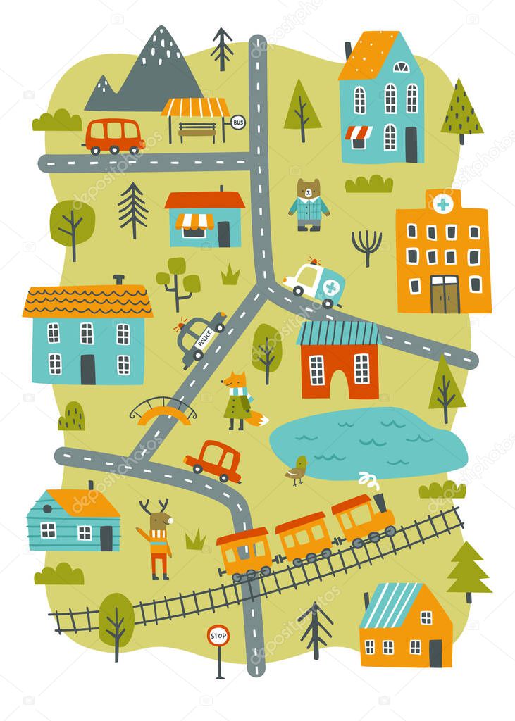 Cartoon little town map print for nursery carpet. Cityscape baby poster with animals, houses and cars.