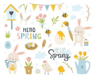 Paskalya tavşanlı şirin bir çizgi film seti. Karalama yumurta, çiçek, harf, tavşan, tavuk, bitki koleksiyonu.