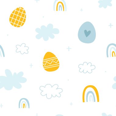 Paskalya yumurtaları bulutlu gökyüzü bebek deseninde boyanmış. Çocuk odası, kumaş, tekstil, kağıt için kusursuz baskı.