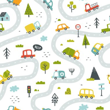 Arabaların çizdiği yol haritası. Tekstil, giysi, kumaş, halı, kreş için otoban trafiği soyut baskısı.