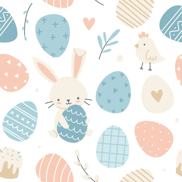 Cute Easter Bunny Painted Eggs Pattern Seamless Pastel Color Print — Stock Vector