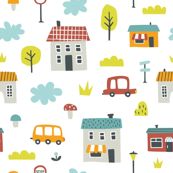 Doodle Ville Motif Scandinave Avec Des Maisons Des Arbres Des — Image vectorielle