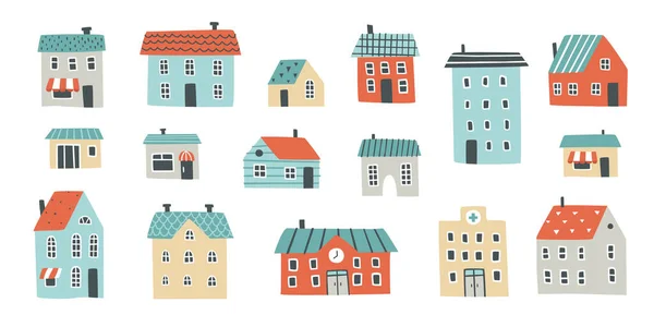 Maisons Scandinaves Prêtes Collection Gribouillis Enfantins Bundle Architecture Bande Dessinée — Image vectorielle