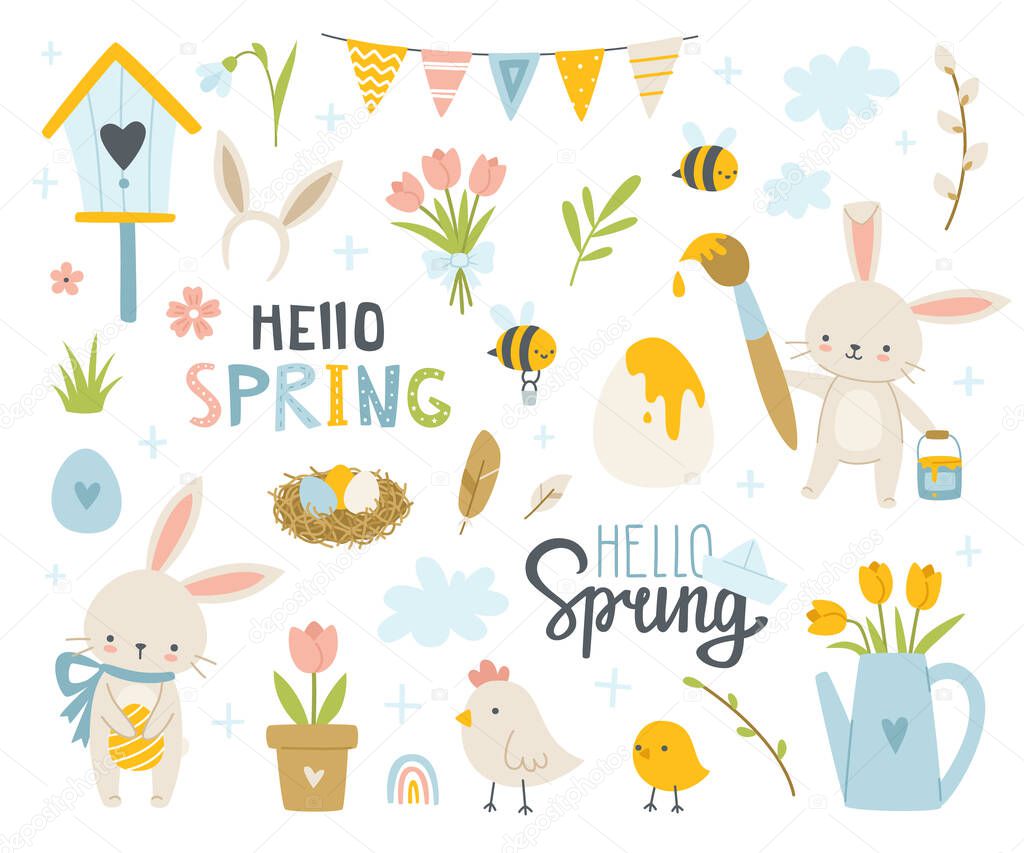 Cute spring cartoon set with easter bunny. Collection of doodle eggs, flowers, lettering, rabbits, chicken, plants.
