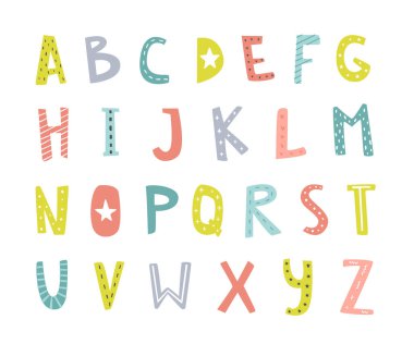 İskandinav tarzında eğlenceli eğri alfabesi. Doodle yazı karakterleri koleksiyonu. Şirin vektör dekoratif harfler kümesi.