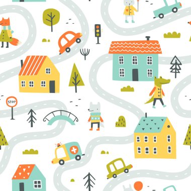 Kumaştan yapılmış bebek halısı için şirin şehir haritası deseni. Küçük kasabadaki hayvanlarla kusursuz bir iz..