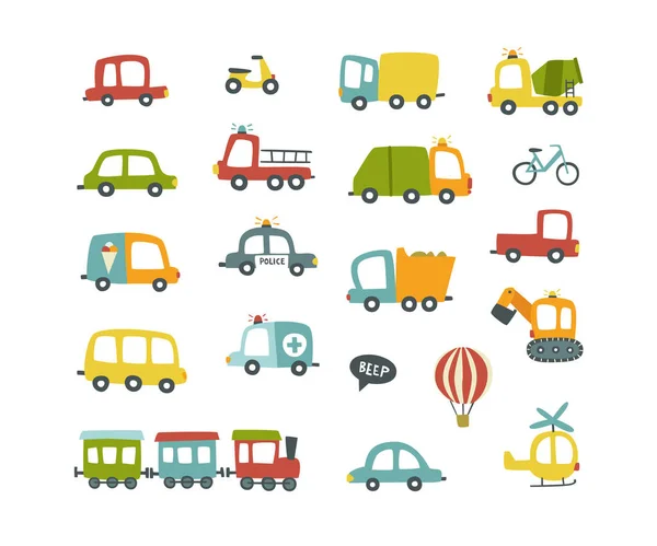 Lindos Vehículos Para Bebés Colección Vectores Dibujados Mano Paquete Transporte — Vector de stock