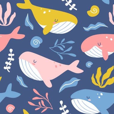 Renkli deniz balinaları deseni. Tekstil, kumaş, yüzey için organik deniz dikişsiz bebek izi.