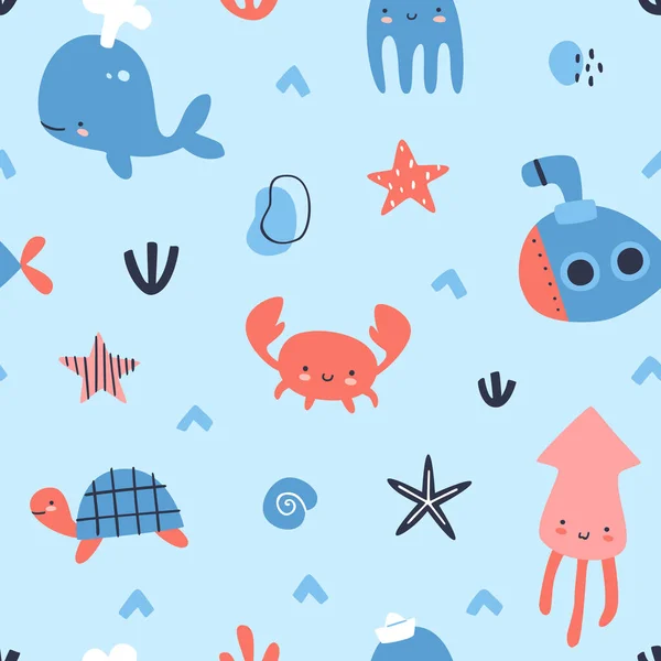 可爱的水下海洋模式与海洋生物 纺织品 苗圃用涂鸦无缝矢量印花 — 图库矢量图片