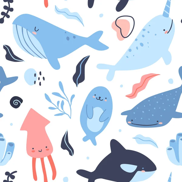 可爱的水下动物有机模式 纺织品用海洋生物矢量无缝蓝色和粉色印花 — 图库矢量图片