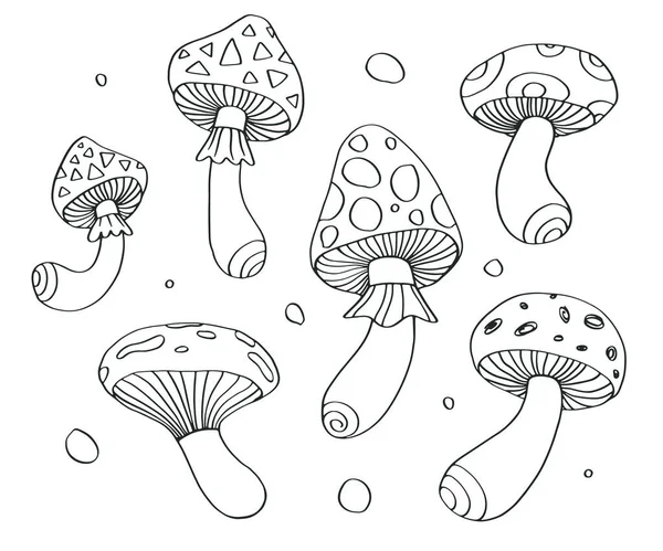 Hand Drawn Outline Mushrooms Set Collection Monochrome Sketch Toadstool — Stock Vector