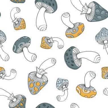 El çizimi fantezi mantar deseni. Tekstil, kumaş ve kağıt için mantar tabanlı kusursuz vektör baskısı.