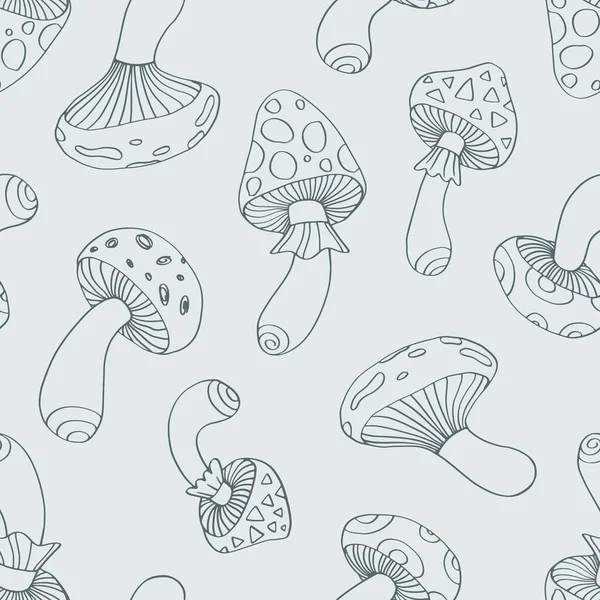 Hand Drawn Grey Mushroom Pattern Seamless Outline Vector Print Toadstool — Stock Vector